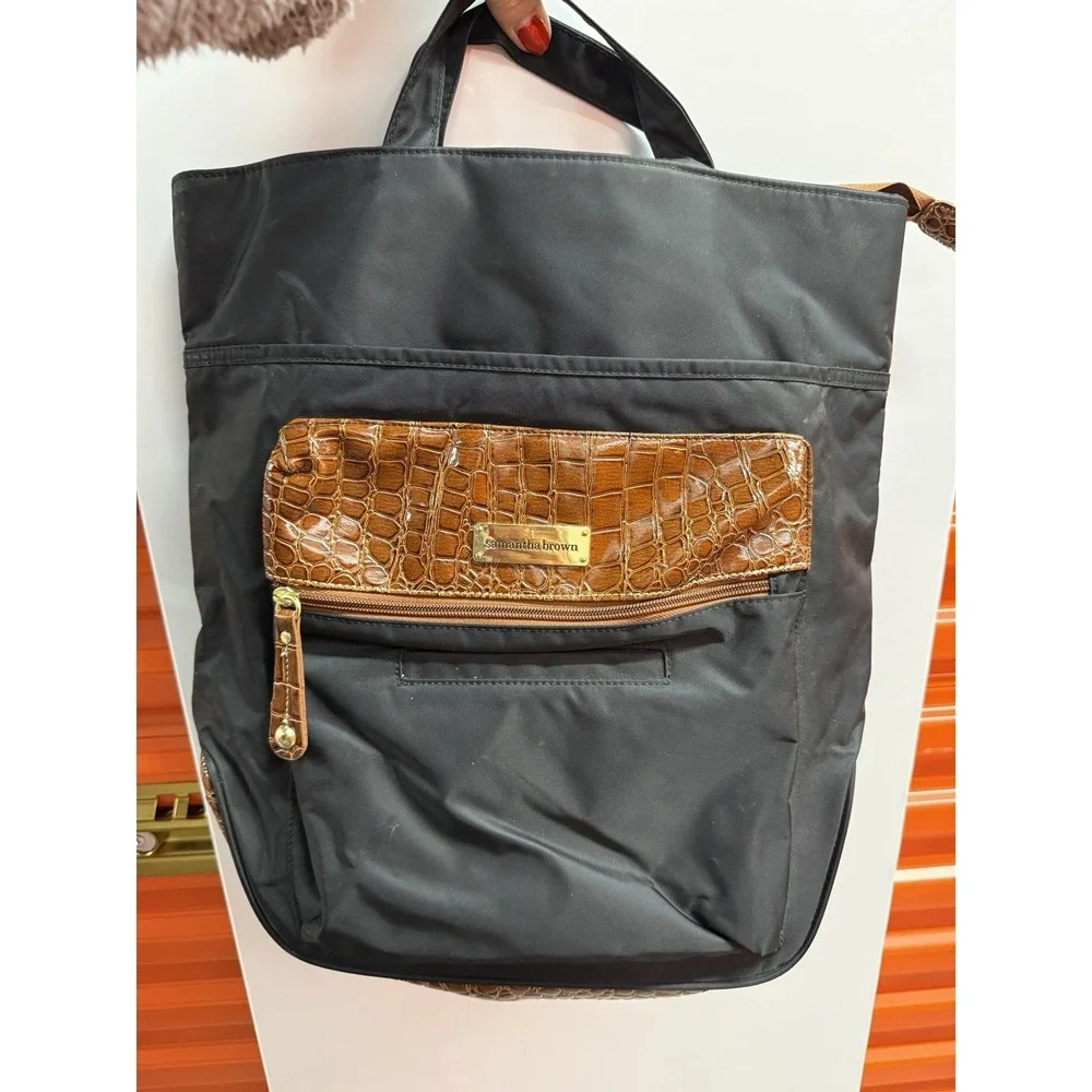 Samantha Brown Convertible Backpack BLACK Nylon Croco Embossed Laptop Bag